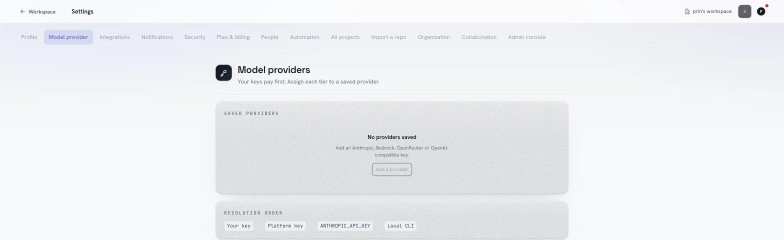 The model providers screen, showing saved providers and the resolution order: your key, then the platform key, then ANTHROPIC_API_KEY, then the local CLI.